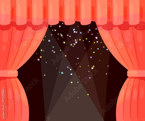 Vector Cartoon theater with open curtain and rays of spotlights,