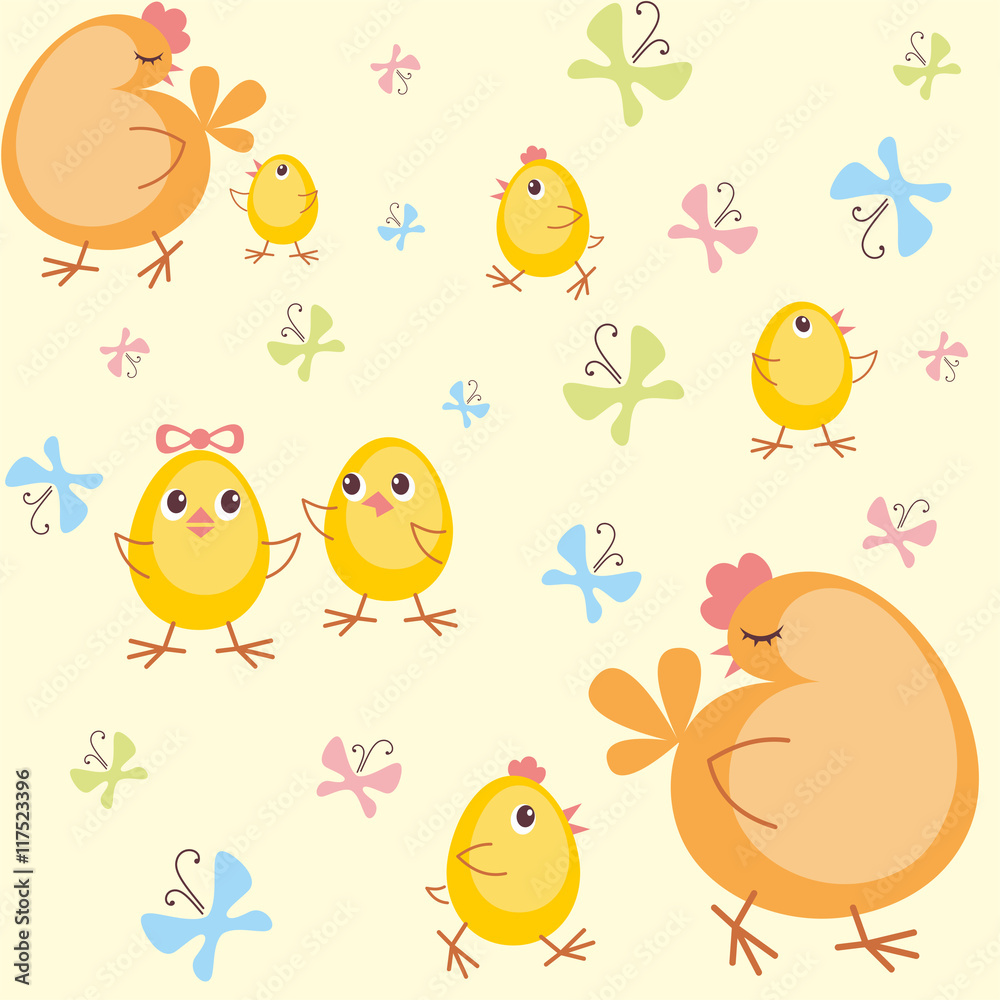 Colorful children's seamless pattern in cartoon style with the image of hen and little chickens
