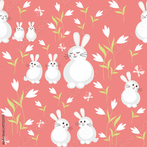Colorful children's seamless pattern in cartoon style with the image of the rabbit and the little rabbits