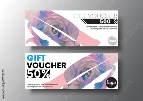 Beautiful gift voucher templates with abstract pink rose low polygon ornament and watercolor background.