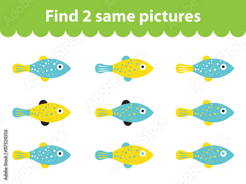 Children's educational game. Find two same pictures. Set of fish for the game find two same pictures. Vector illustration.