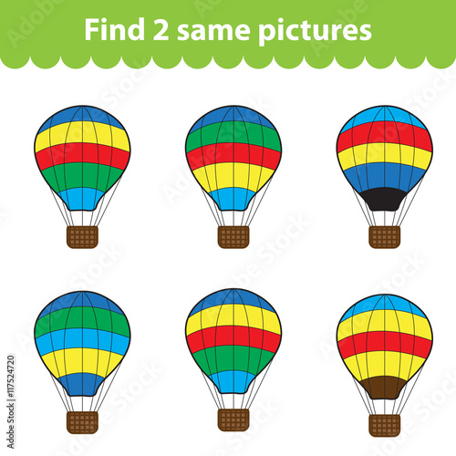 Children's educational game. Find two same pictures. Set of air balloon for the game find two same pictures. Vector illustration.