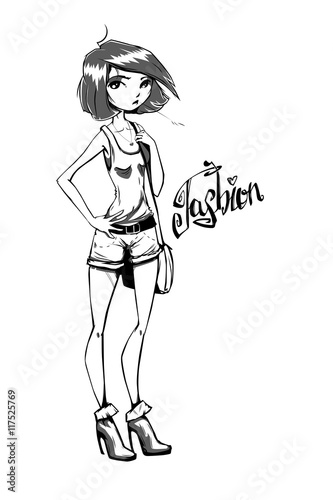 Beautiful girl in high heels. Fashionable woman. Short haircut. Vector illustration. Fashion and Style. Girl in shorts.