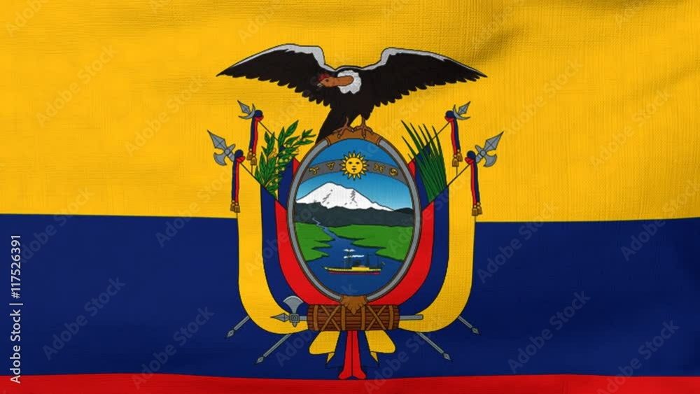 National flag of Ecuador flying and waving on the wind. Sate symbol of Ecuadorian nation and government. Computer generated animation.