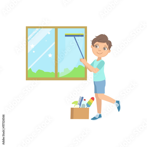 Boy Washing The Window With Wiper