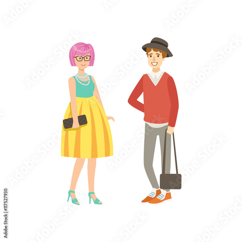 Girl With Pink Hair In Yellow Skirt And Guy Shotr Trousers
