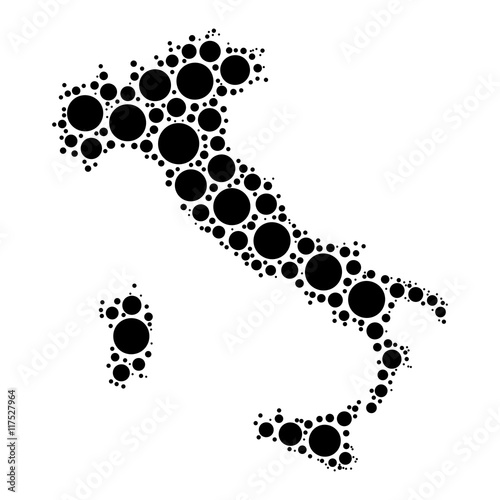 Italy map mosaic of circles in various sizes. Black dotted vector map on white background.
