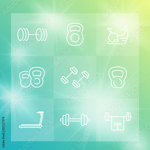 Gym equipment line icons set, workout, fitness, training, exercise