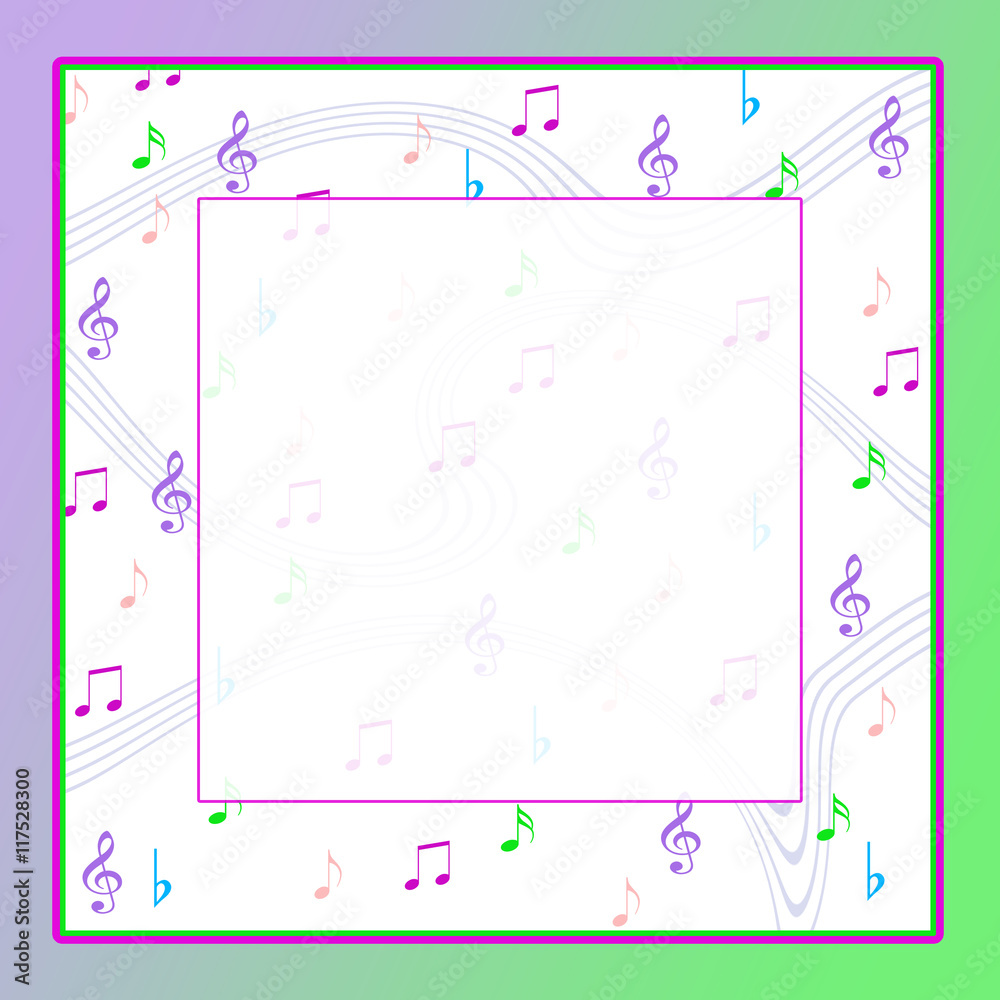 Musicl notes on graphic background in pastel colors. Text area in center Musicl notes on graphic background in pastel colors. Text area in center