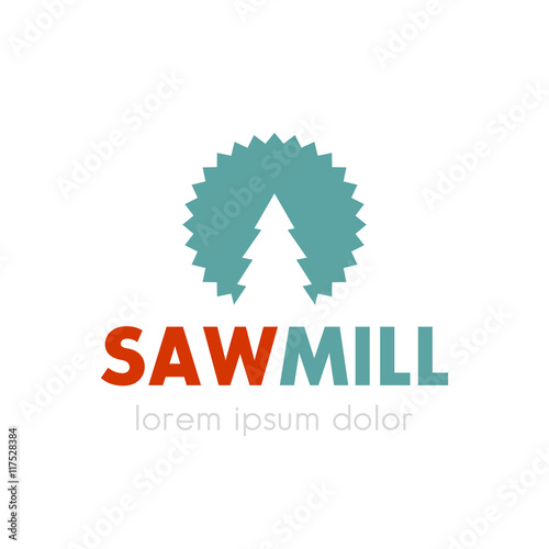 Sawmill logo design, circular saw and tree outline, vector illustration