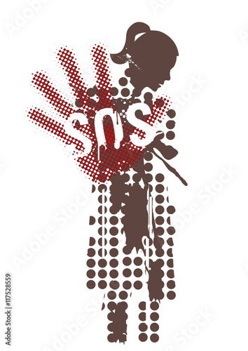 Female silhouette victim of violence.
Young woman grunge stylized silhouette covering strike. Vector available.
