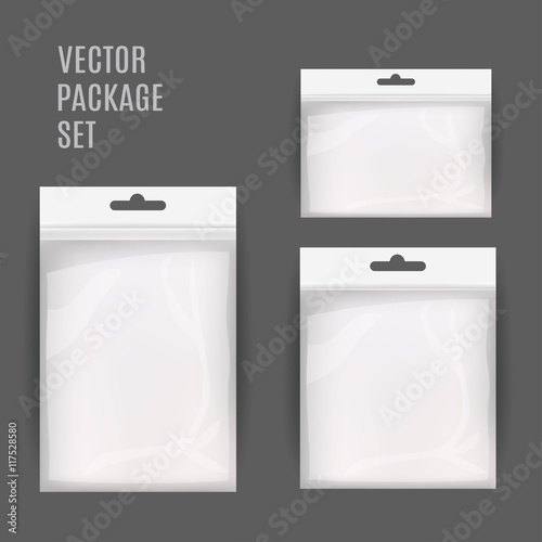 White Blank Plastic Realistic Pocket Bag Set. Hang Slot. Vector Illustration Isolated . Mock Up Template Ready For Your Design.