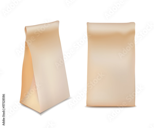 Paper Food Bag Package For Coffee, Tea, Snacks, Chips, Breakfast,Meal. Isolated Mock Up Template Ready For Your Design. Product Packing Vector. Food to Go