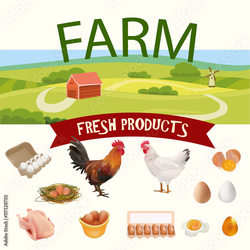 Rural Farm Landscape with Hen, Rooster and Eggs Realistic Icons. Vector Illustration
