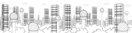Megalopolis futuristic panorama, night city skyline, tower and skyscrapers, communication technology, black lines landscape, vector design art, black and white version