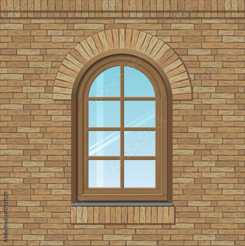 Arched antique window on a brick wall, the texture of the building facade, vector graphics