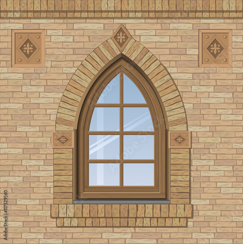 Arched antique window on a brick wall, the texture of the building facade, vector graphics