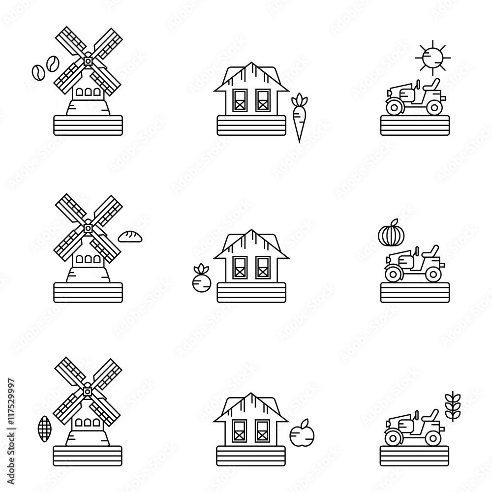 Organic farm products vector icon set