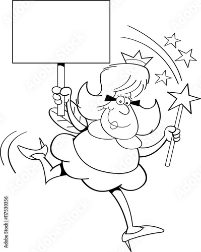 Black and white illustration of a fairy godmother holding a magic wand and a sign.