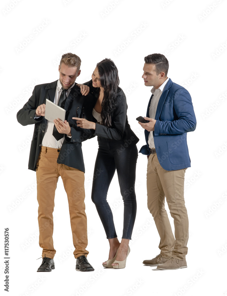 Three young business people interacting.