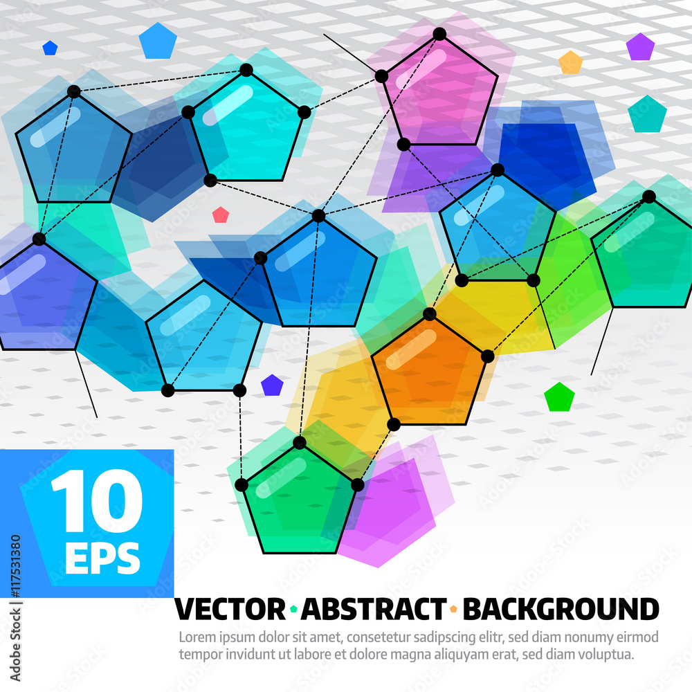 Lots of colorful, connected pentagons on a gray background.