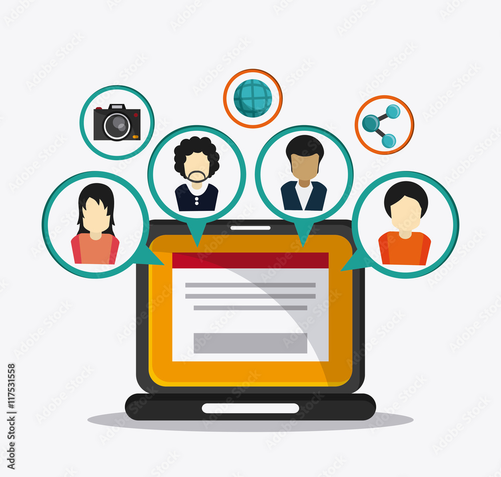 Social Network concept represented by laptop and avatar people design. Colorfull and flat illustration Social Network concept represented by laptop and avatar people design. Colorfull and flat illustration
