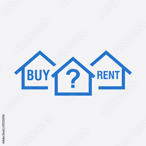 Buy or rent house. Blue home symbol with the question. Vector illustration in flat style on white background.