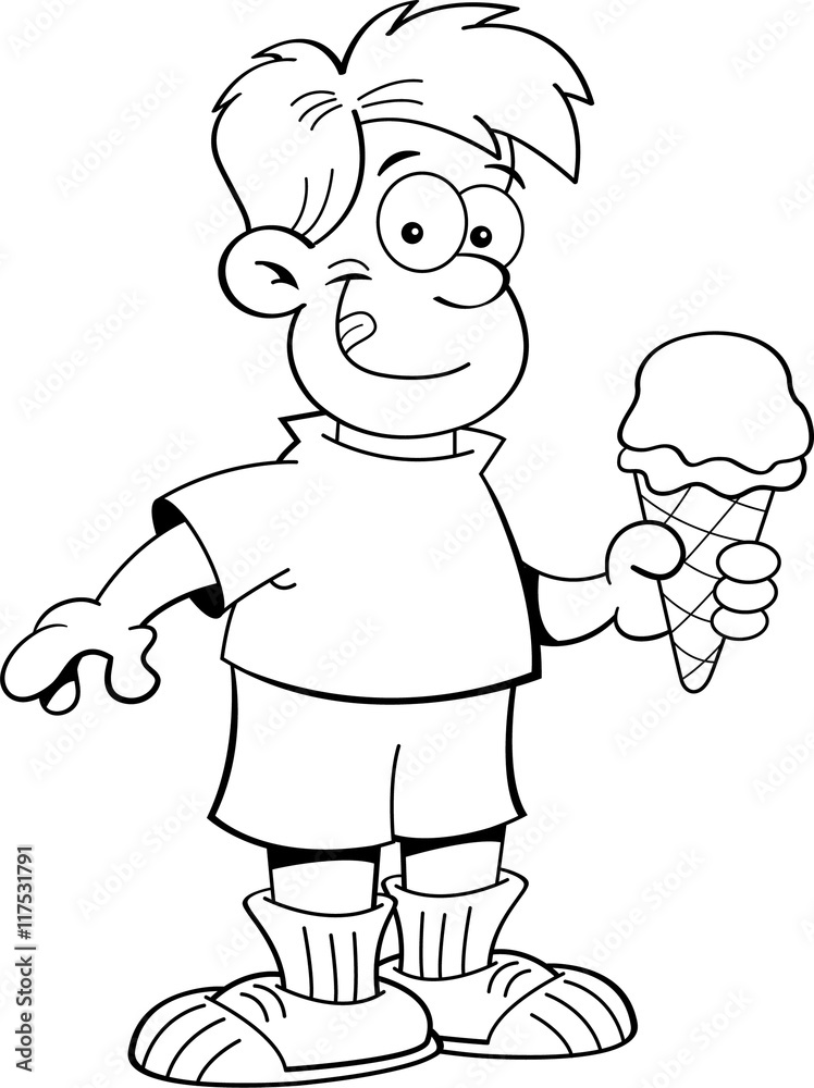 Black and white illustration of a boy eating an ice cream cone.