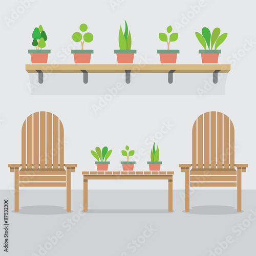 Wooden Garden Chairs And Pot Plants Vector Illustration