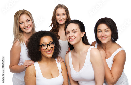 group of happy different women in white underwear