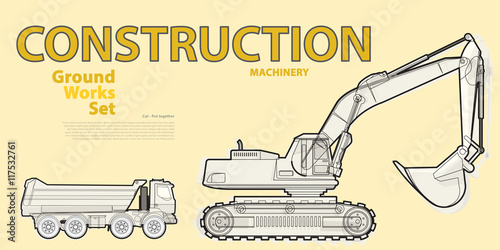 Black and white wire big set of ground works machines vehicles on yellow. Construction equipment for building. Truck, Digger, Crane, Forklift, Bagger, Mix, Extravator. Master vector illustration.
