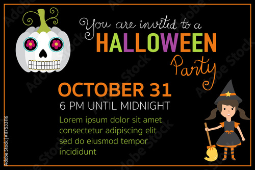 Halloween party invitation cards witch girl characters with hand