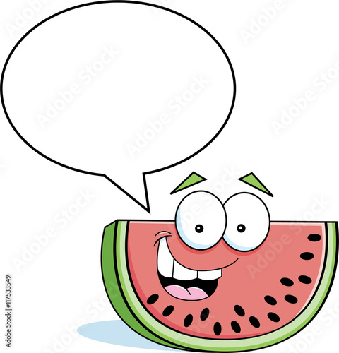 Cartoon illustration of a watermelon with a caption balloon.