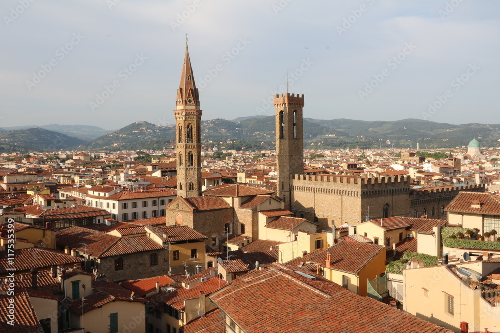 View to Badia Fiorentina and Palazzo Bargello in Florence, Tuscany Italy