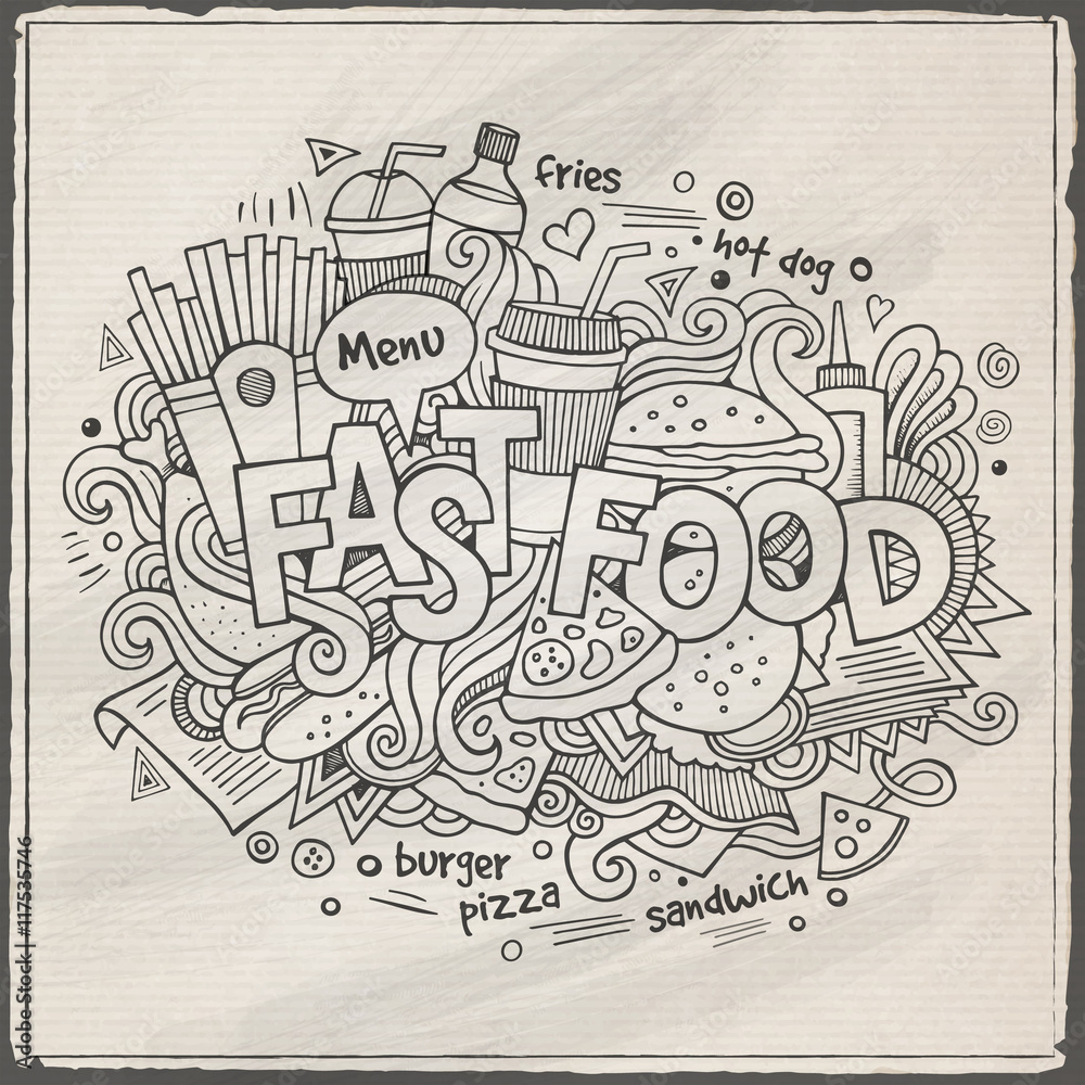 Fast food hand lettering and doodles elements background.