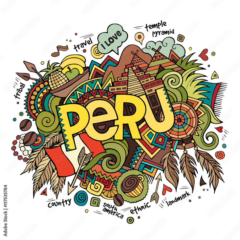 Peru hand lettering and doodles elements background - obrazy, fototapety, plakaty 