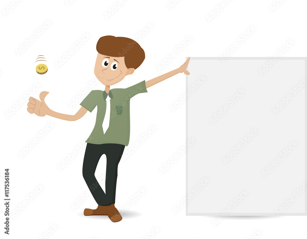 cartoon business man throwing coin standing beside empty banner cartoon business man throwing coin standing beside empty banner