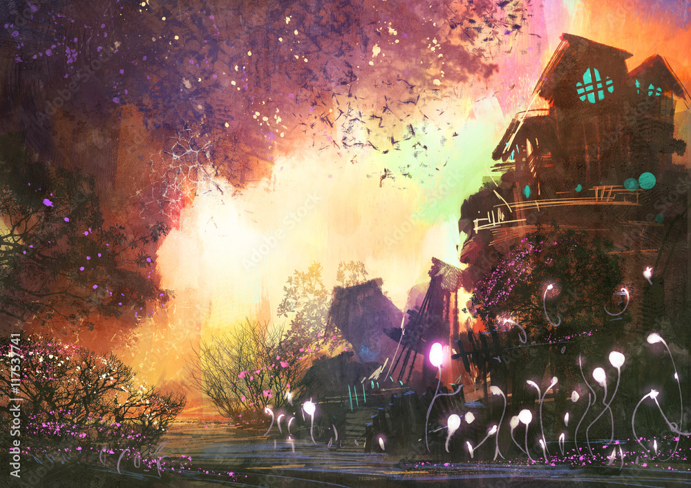 Obraz premium krajobraz fantasy z starożytnej wieży. malarstwo cyfrowe