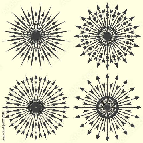 Set of arrow sunbursts. Vintage vector illustration.