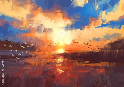 beautiful painting showing sunset on the lake,illustration © grandfailure