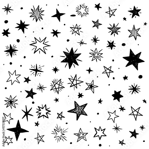 Seamless pattern with handdrawn stars and moons. Doodle vector illustration.