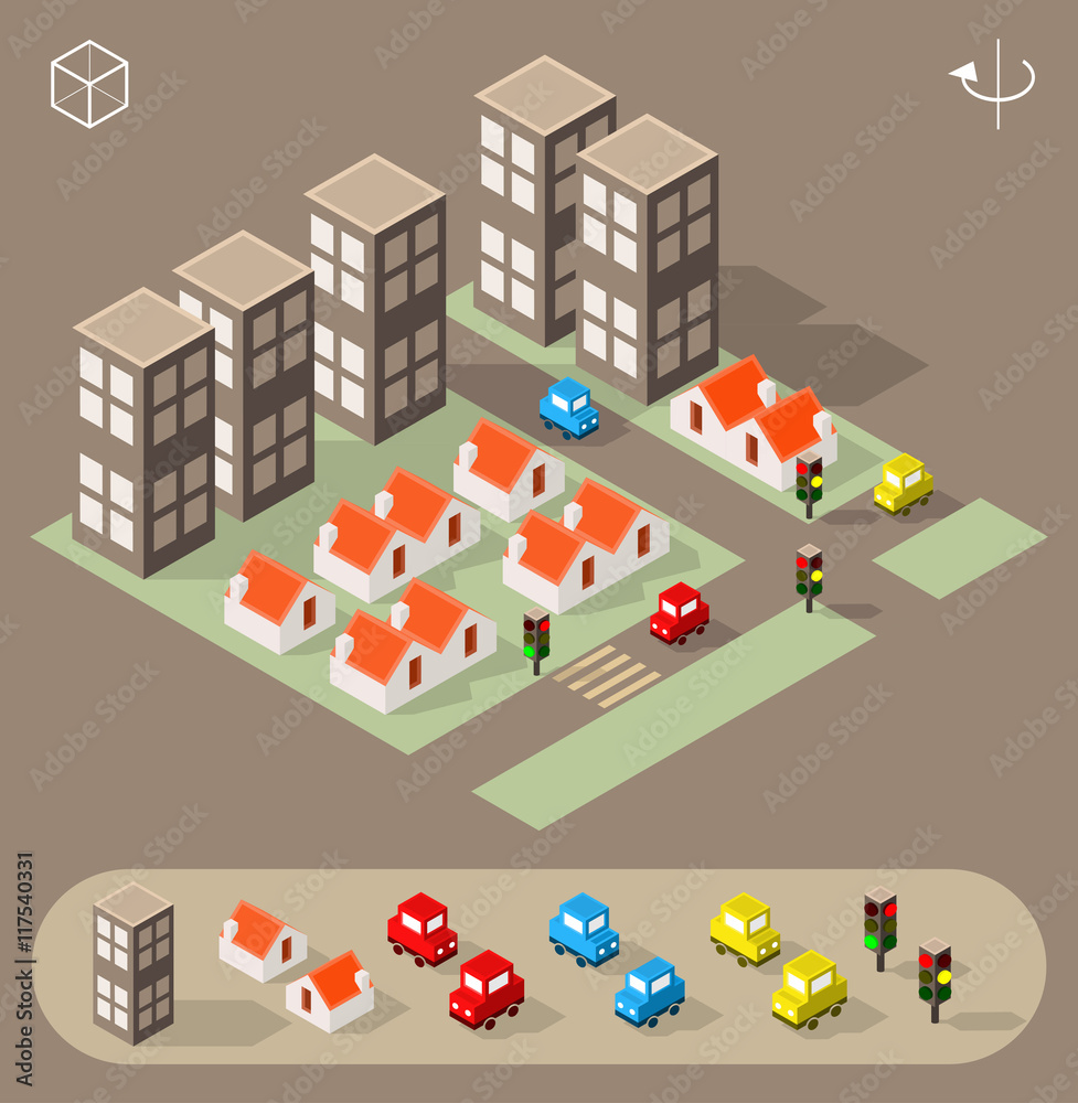 Set of Isolated Isometric Minimal City Elements. Town with Shadows.
