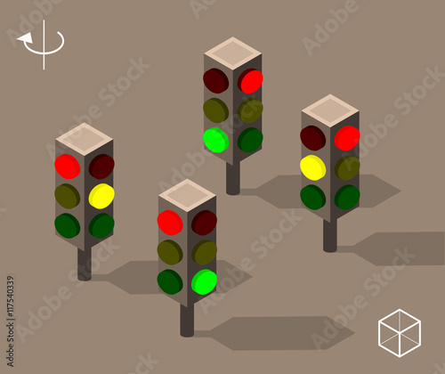 Set of Isolated Isometric Minimal City Elements. Traffic Lights with Shadows.