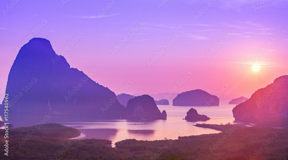 Amazing view and colorful sunrise at Sa Met Nang She in Phang Nga bay, Thailand