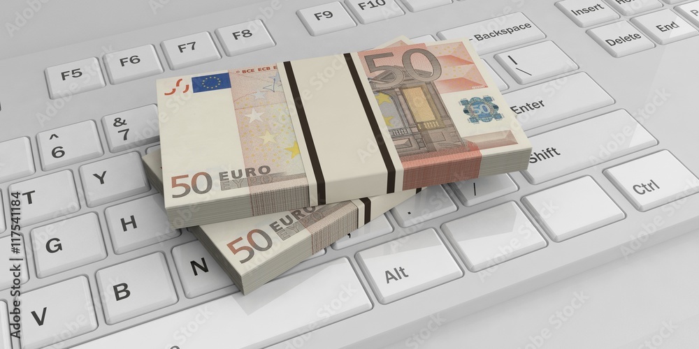 50 euro banknotes stacks on a keyboard. 3d illustration 50 euro banknotes stacks on a keyboard. 3d illustration