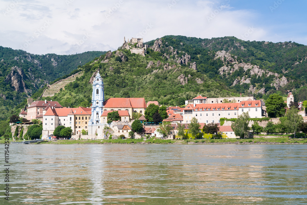 View of Danube river and town of Durnstein with abbey and old castle, Wachau valley, Lower Austria