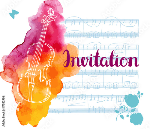 Vector invitation with vintage violin with sheet music and rose