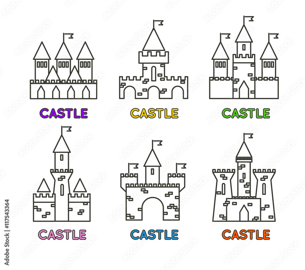 Castle vector set. Castle tower vector logo. Castle turret with