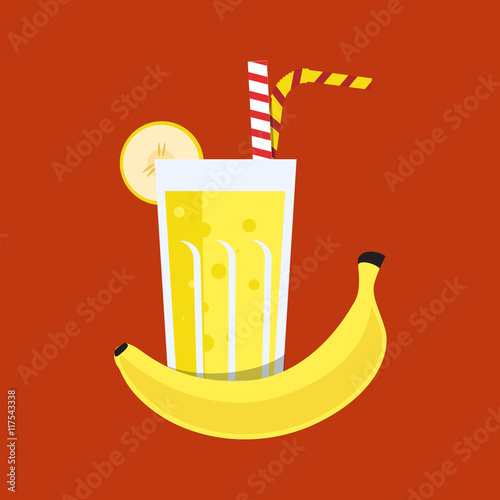 Fresh banana juice. Banana juice on orange background. Banana ju