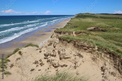 Huge sand dunes, beach and the sea on the west coast of Denmark, Europe. Between Lokken and Lonstrup, North Jutland.